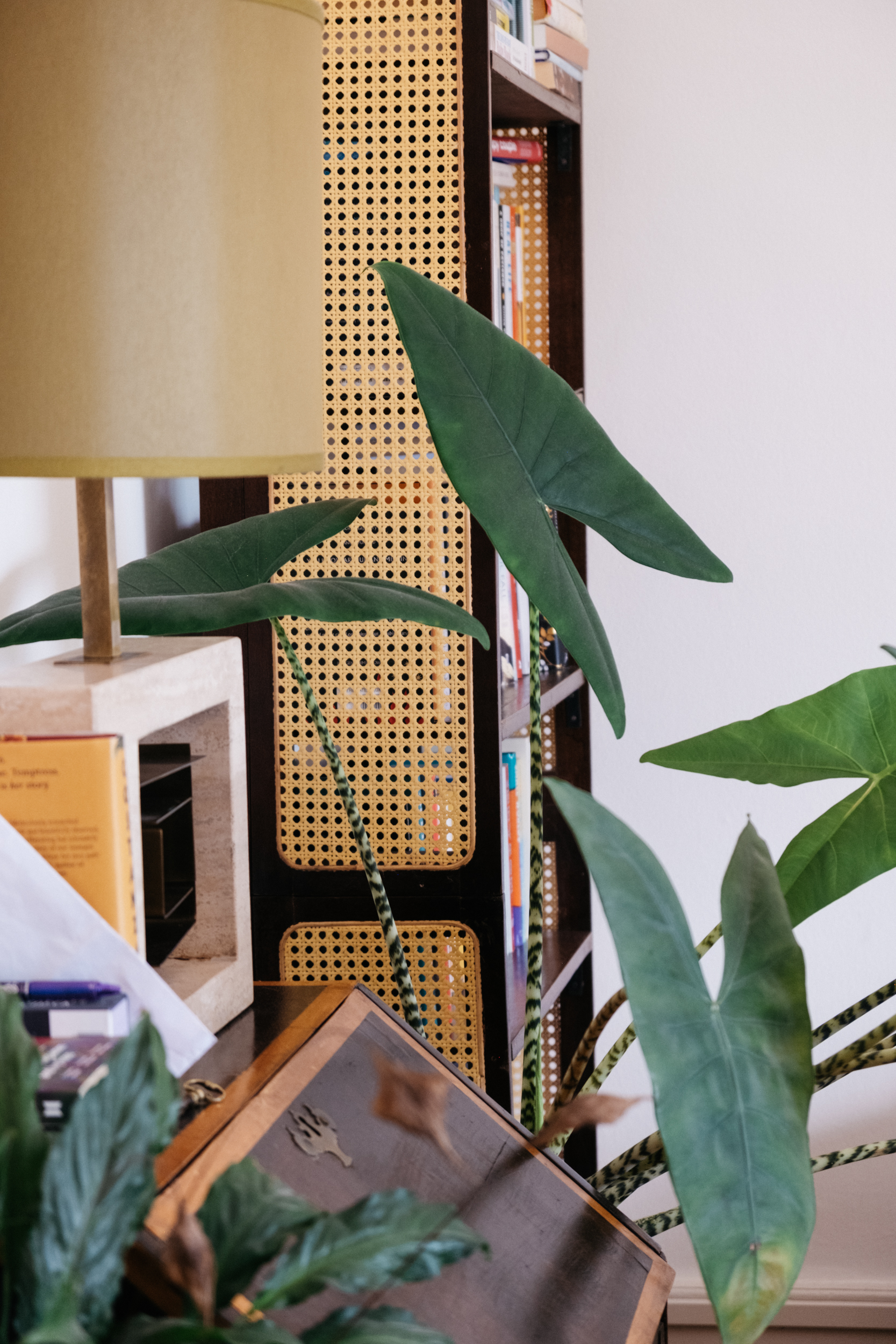 A vintage secretary desk, adorned with a travertine-base lamp with a green lampshade and a striped exotic plant