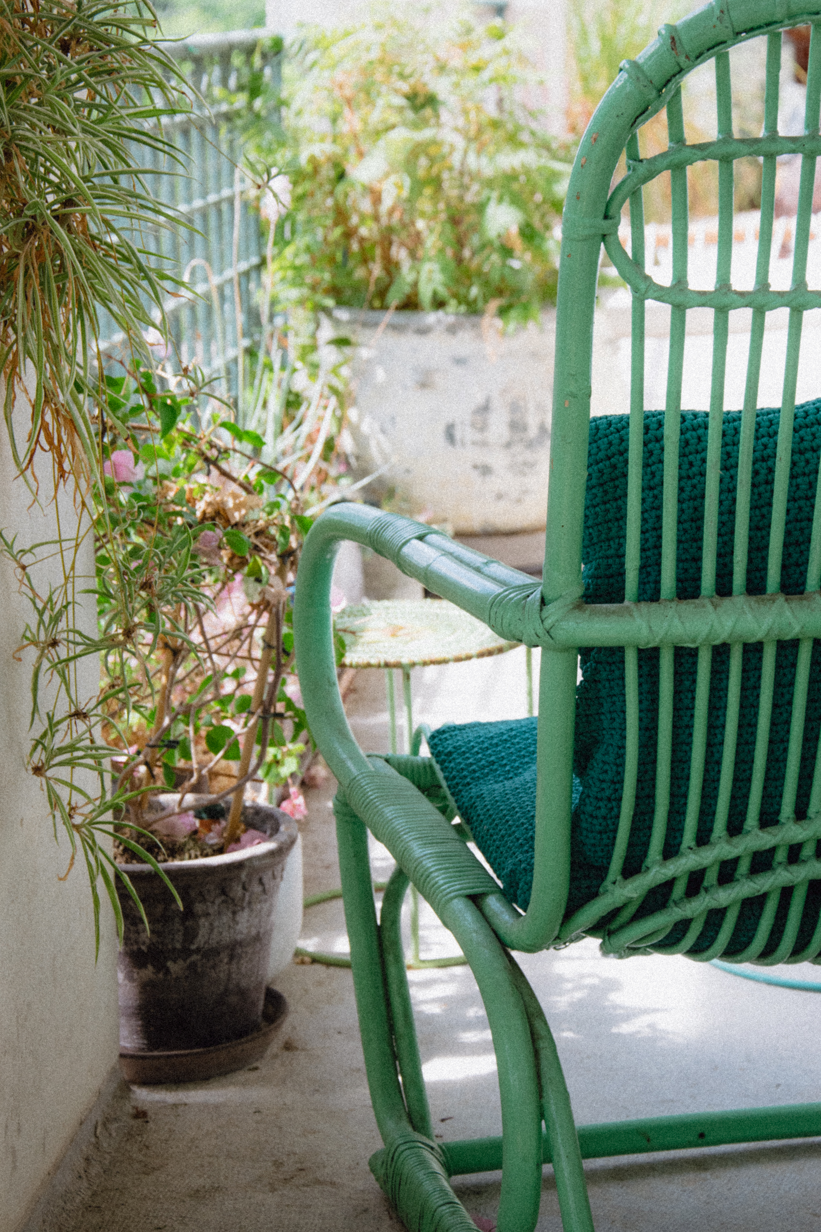 A shot of the balcony with a vintage bamboo chair painted in a light turquoise with plants nearby
