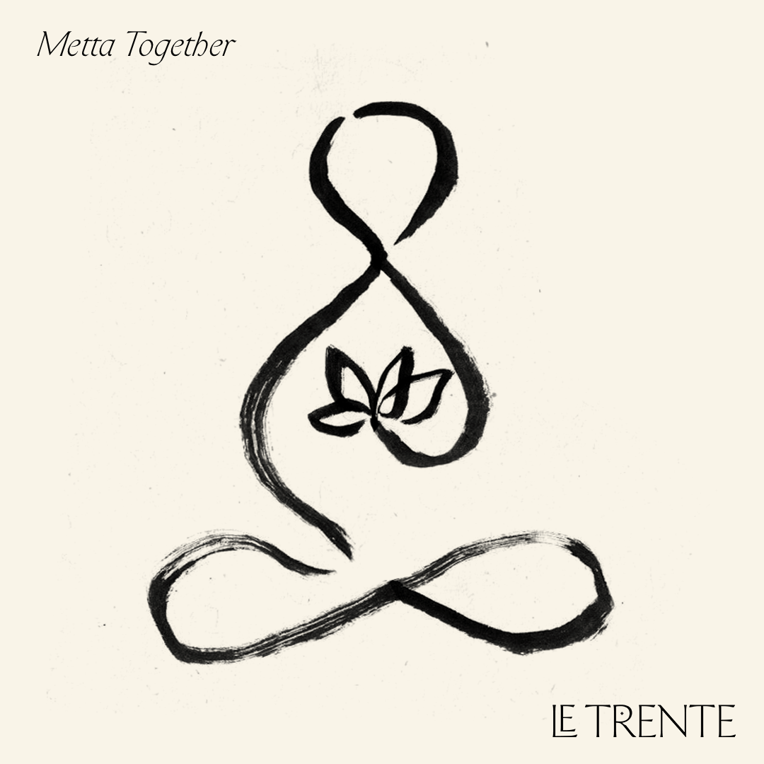 A single line drawing depicting someone seated cross legged with a drawn heart at the centre of their chest