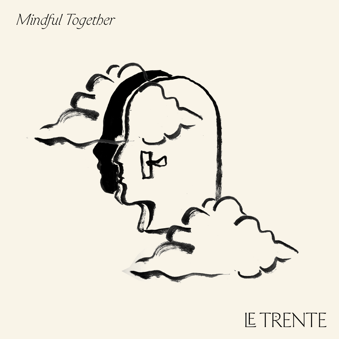 A drawing of two clouds and a profile head in the middle with a key in its centre