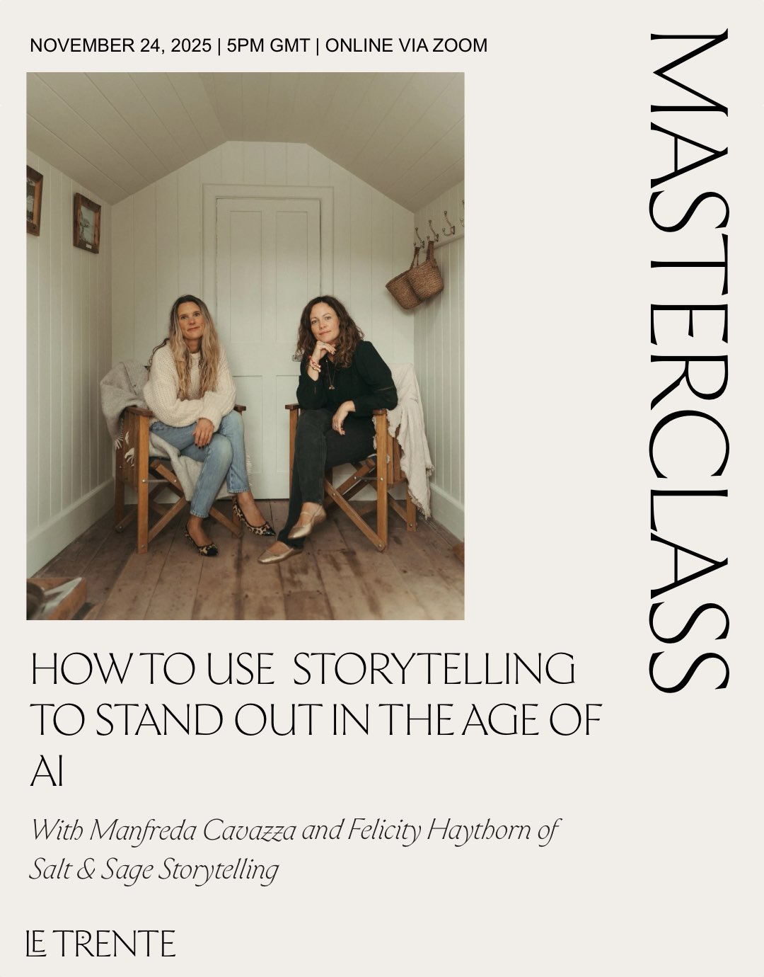 An invitation to a masterclass by Le Trente with Salt & Sage Storytelling