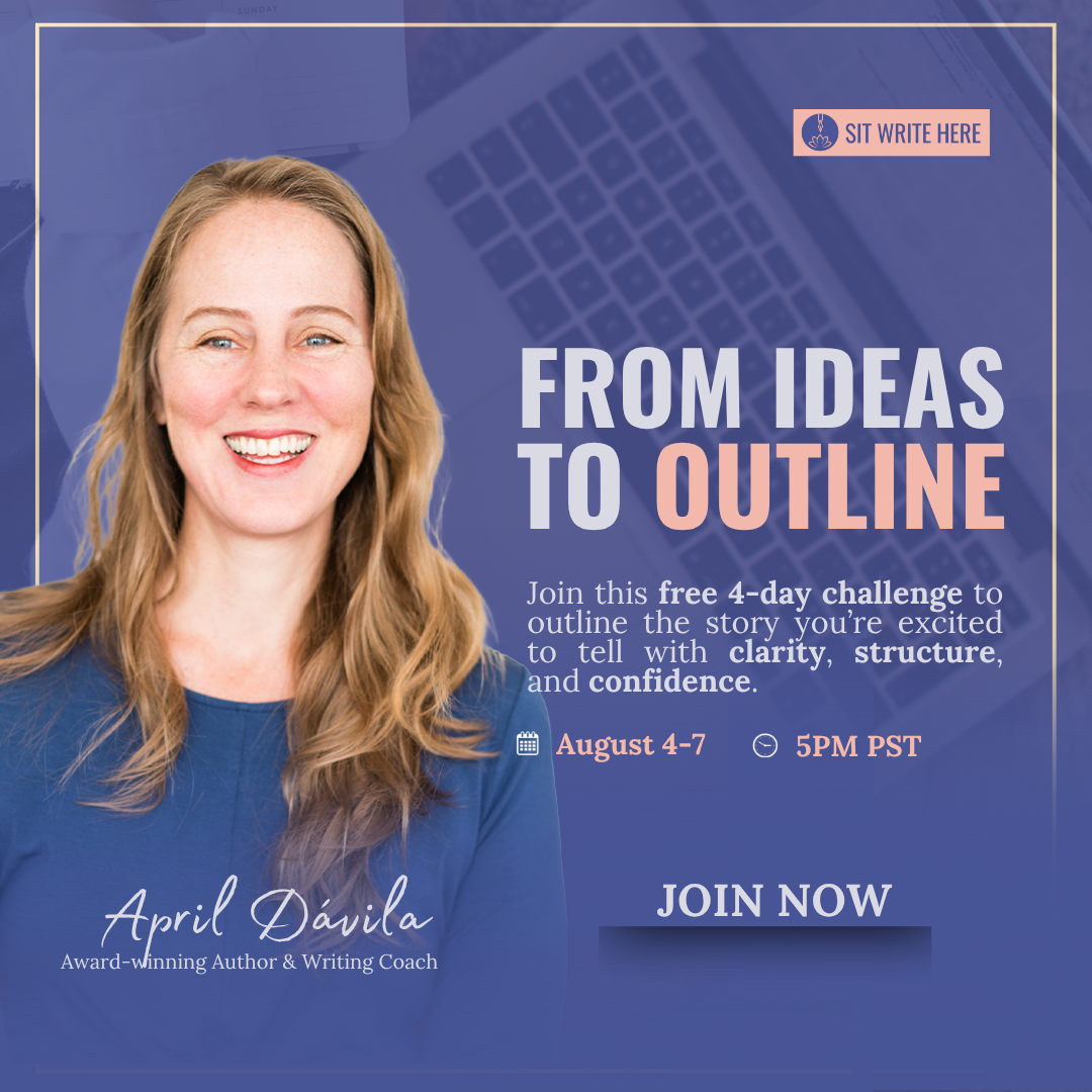 A portrait of author and writing coach April Davila on a purple background