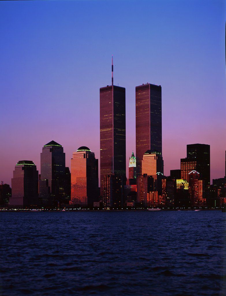 A picture of the Twin Towers in 19988 after sunset