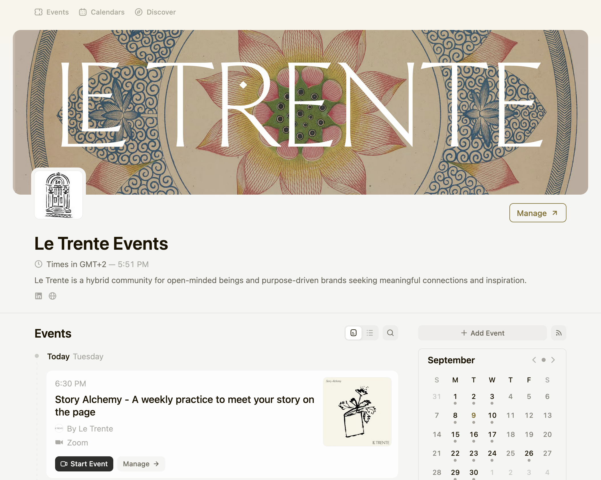 A screenshot of Le Trente's Luma calendar 