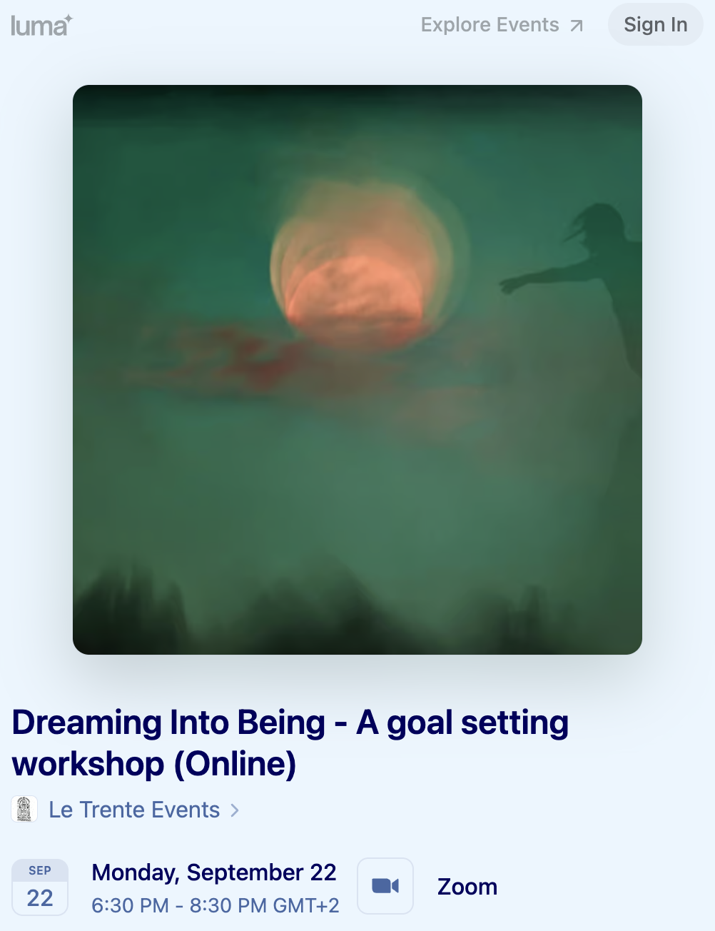 A screenshot of the Luma registration link for the Dreaming into Being workshop offered by Anne for Le Trente