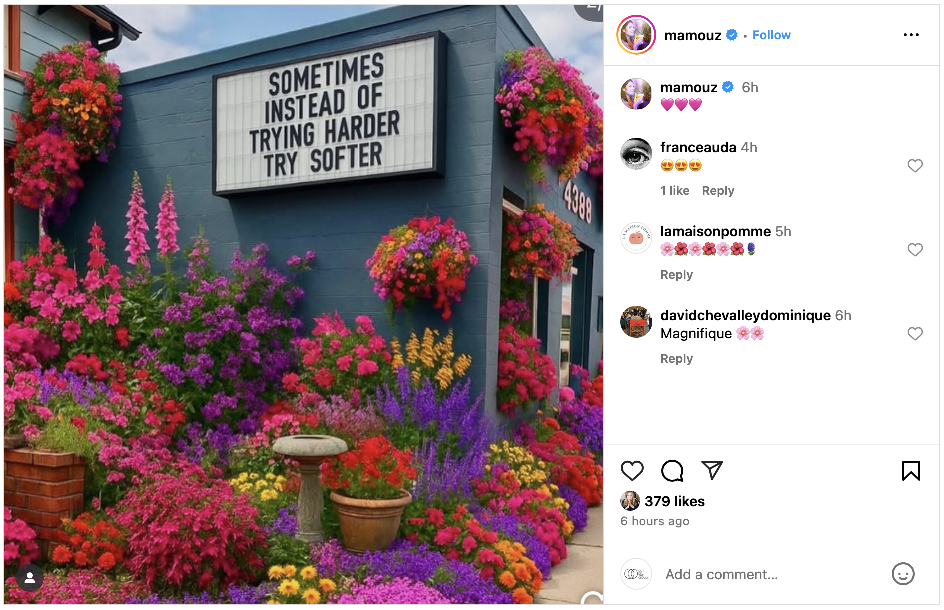 A picture of a blue wooden facace with text and bright flowers all around