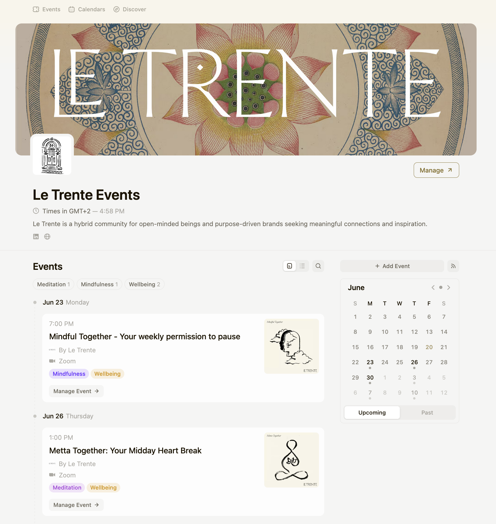 A screen shot of Le Trente's Luma calendar