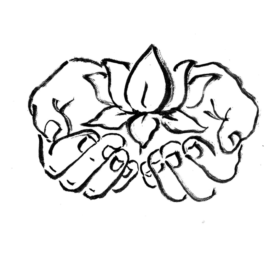 A black ink drawing depecting two cupped hands and a lotus flower within them.